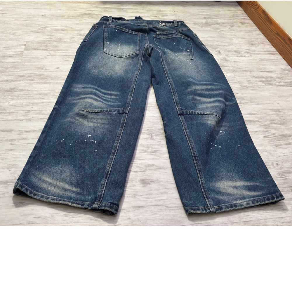 Vintage Y2K FLAMINGALS Distressed Blue Jeans with Paint Splatter‎ Lace Wide Leg